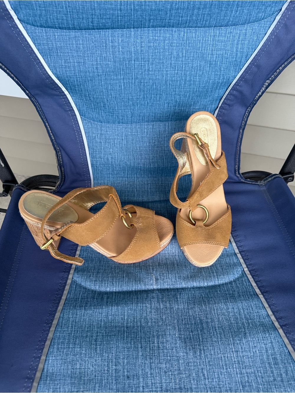 Coach Tan Suede Wedge Sandals with Gold Ring Accent